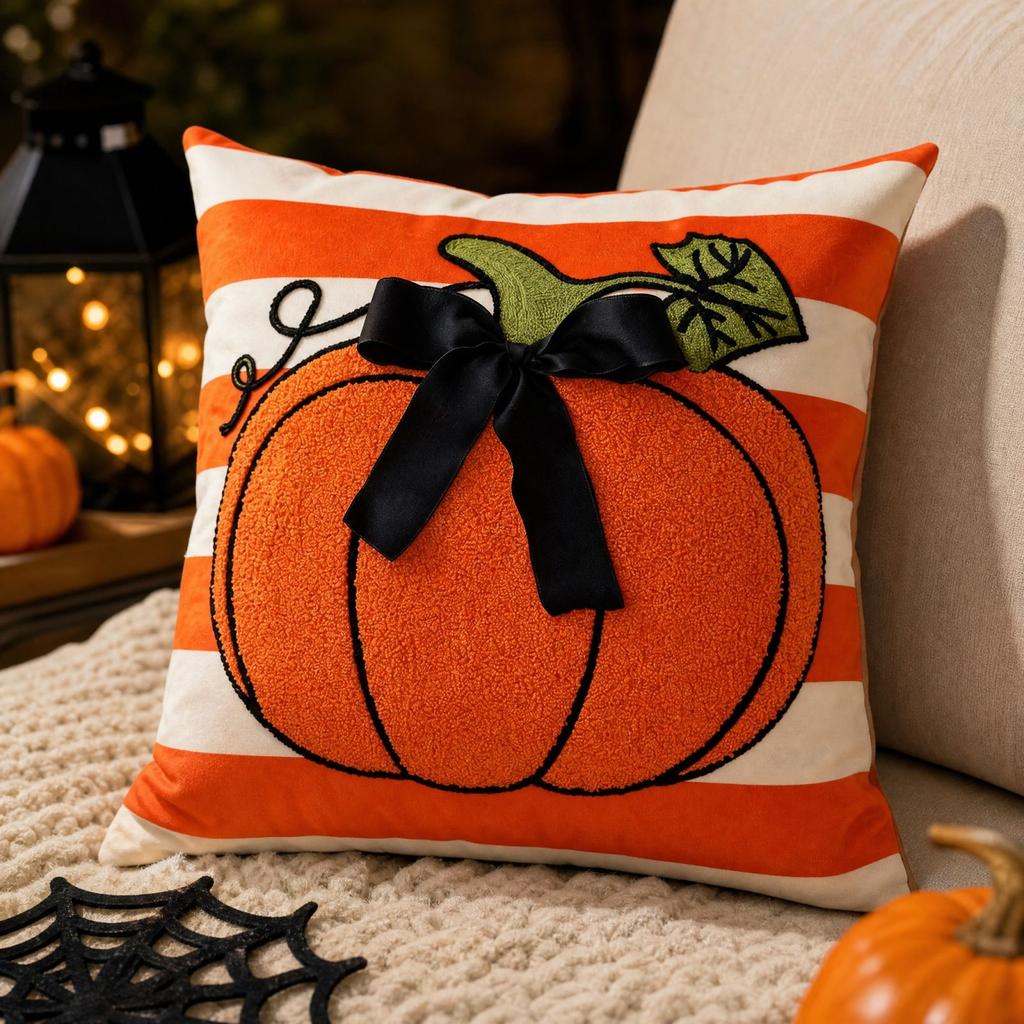 4545 Pumpkin Throw Cover Halloween Plush Cushion Cover for Sofa and Bed Decoration