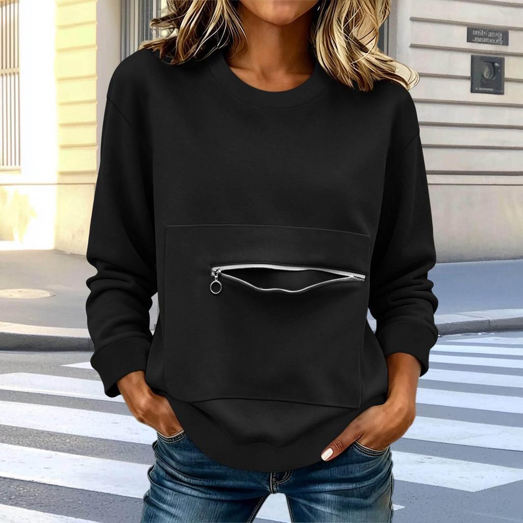 Women's Long Sleeve Crew Neck Sweatshirt with Front Zipper Pocket Casual Pullover Lightweight Comfortable Fit