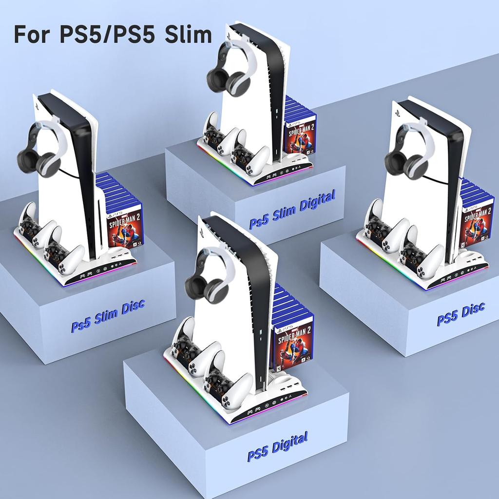 Cooling Station for PS5/PS5 Slim Disc & Digital Console, PS5/PS5 Slim Stand Cooling Stand with RGB Controller Fast Charging Station for PS 5 Console,
