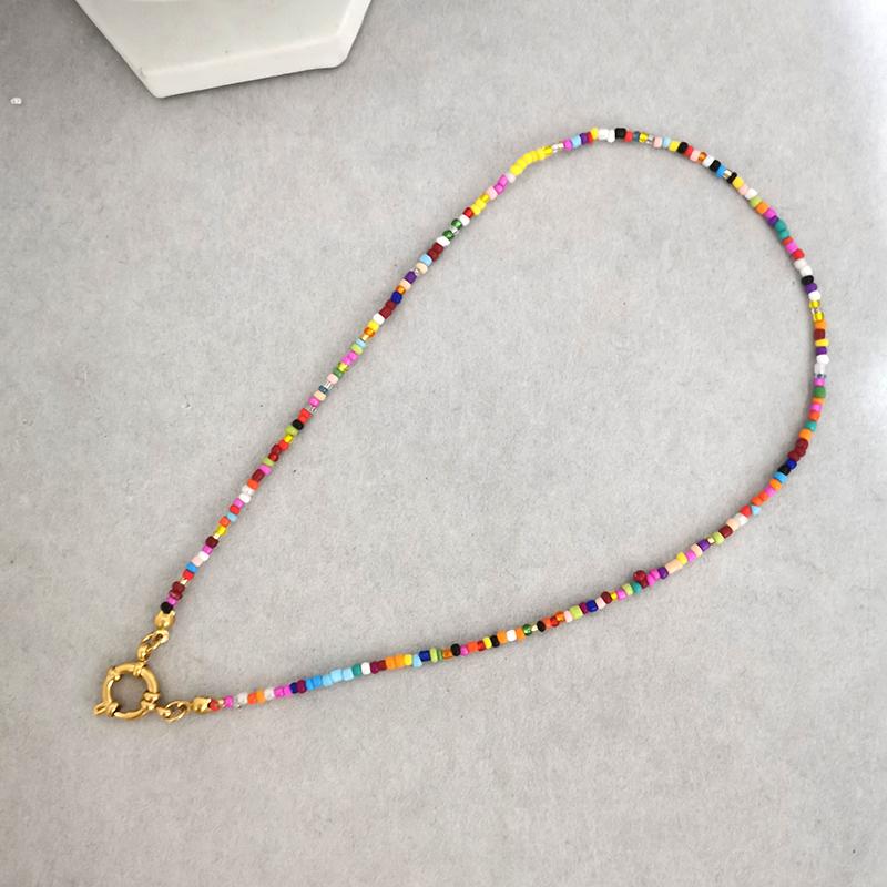 Imitation Pearl Necklace Women Choker Seed Beads Rainbow Stainless Steel Clasp Sailor Buckle Base Chain Gold Color Boho