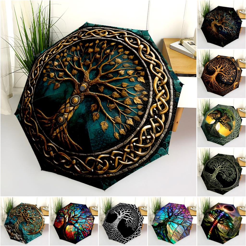 1PC Celtic Tree of Life Umbrella Portable Folding Umbrella Iron Frame Hole Bone Structure Outdoor Home Umbrella A15