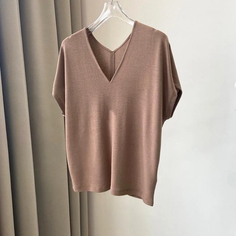 

T-shirt Women Versatile Summer Casual Large Size Loose V Neck Pullover Short-sleeved Tops XXXL хакі