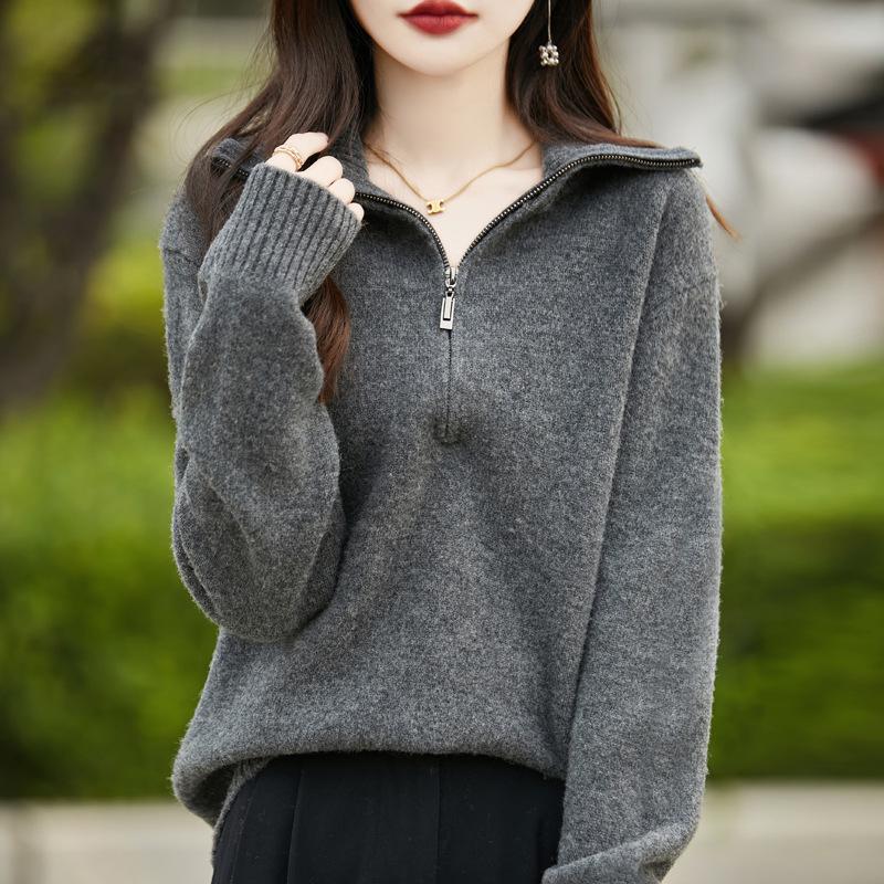 Women's Heavyweight 100% Wool High-Neck Half-Zip Sweater