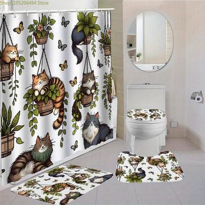 1pc/4pcs Whimsical Cat and Floral Shower Curtain Set with 12 Hooks, Non-Slip Toilet Seat Covers, Bath Mats & Rugs - Washable P