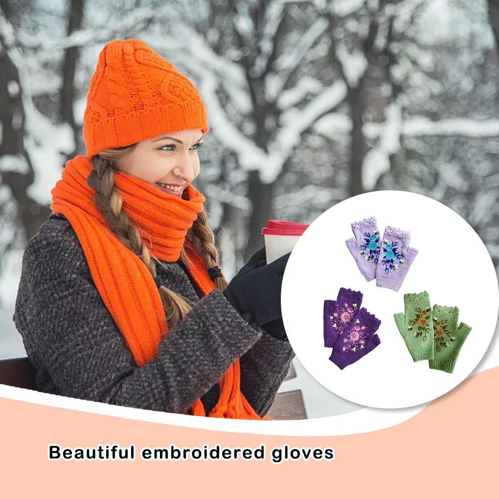1 Pair Woman Embroidery Knitted Gloves Winter Autumn Skating Ski Riding Warm Thermal Crochet Flowers Mittens for Female