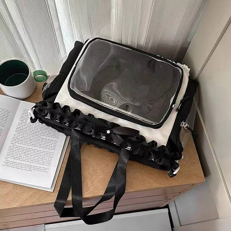 New Y2K Cute Lace Bow Ita Shoulder Bag Sweet Girl Transparent Pocket Women Large Capacity Tote Bag DIY Display Crossbody Handbag
