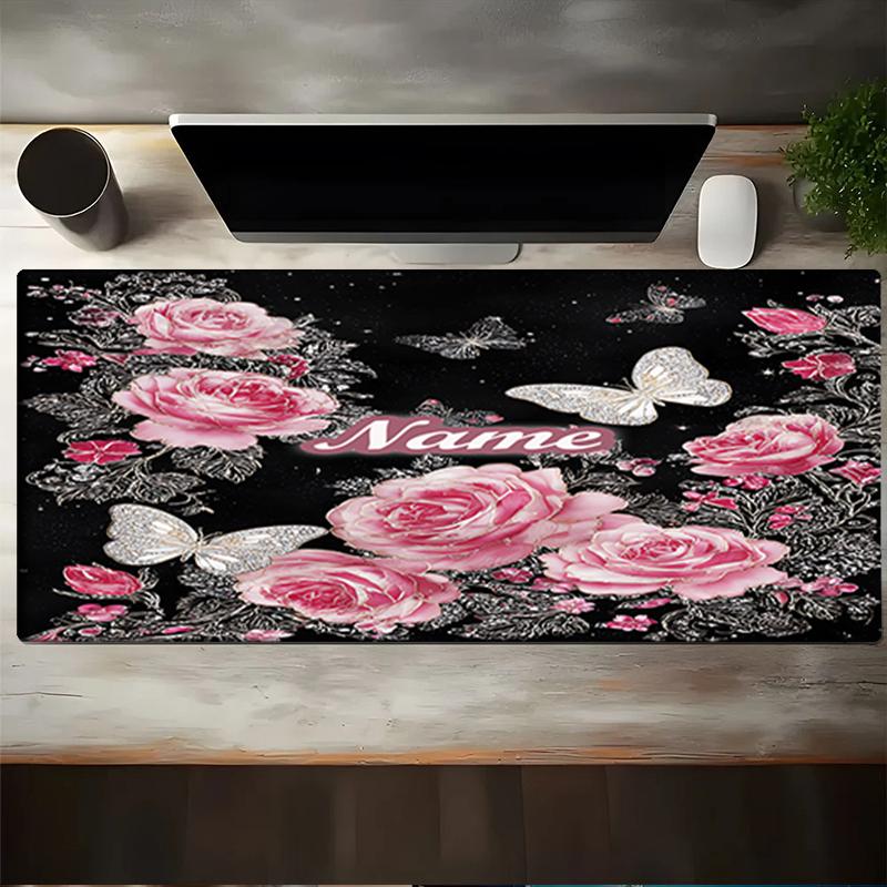 1PC Custom Name Butterflies Roses Garden Mouse Pad, Keyboard and Mouse Desk Pad, for Computer Notebook Birthday Gift For Any Room Or Office