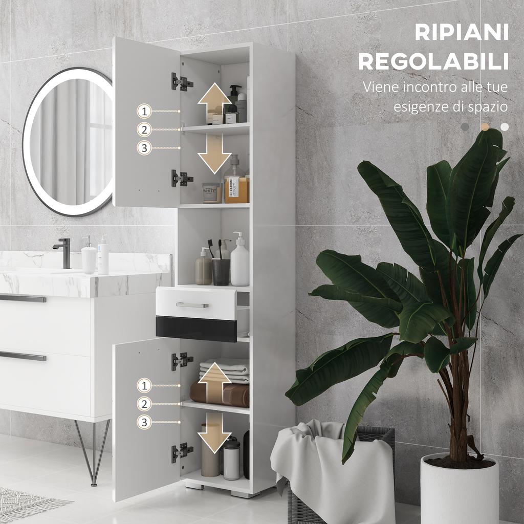 Bathroom Column in MDF with Open Shelf, Drawer and Closed Cupboard, 37x32.5x170 cm, White