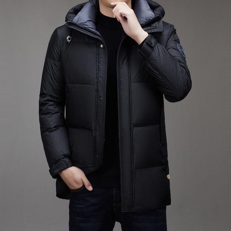 Men's Hooded Winter Puffer Jacket - Mid-Length, Warm, Loose Fit, 90% White Duck Down