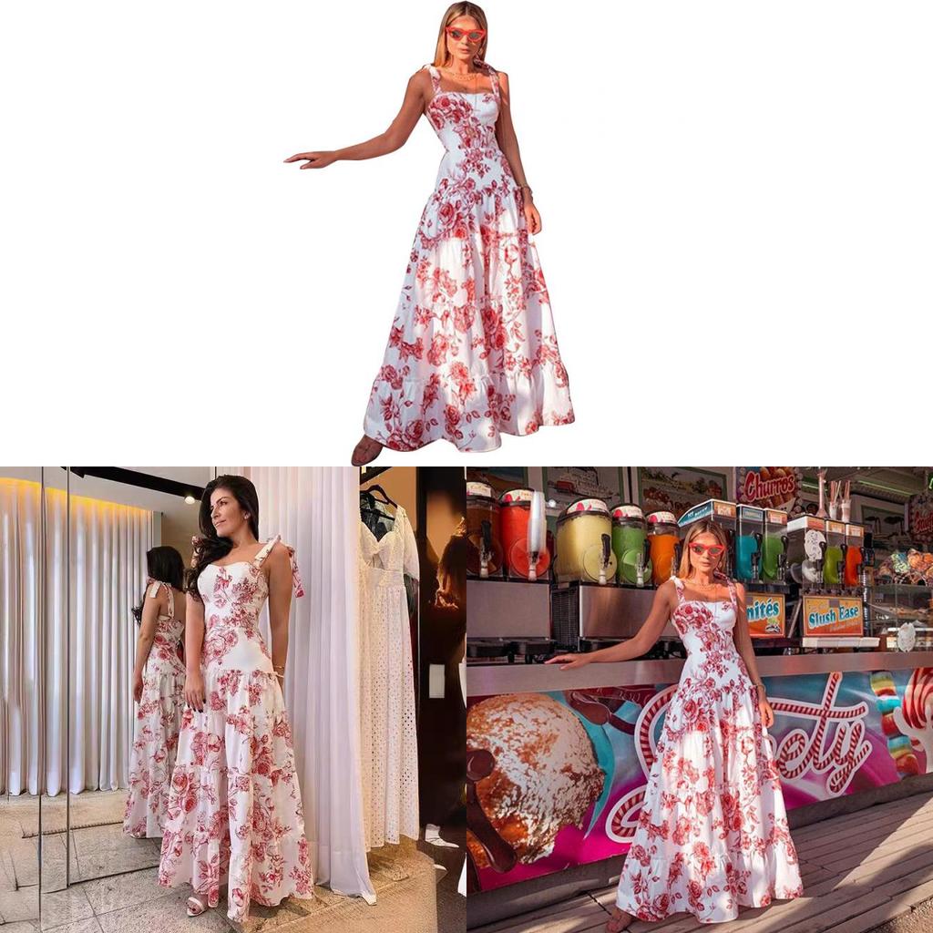 Summer Printed Sleeveless Maxi Dress With Cotton Blend Fabric For Beach Vacation