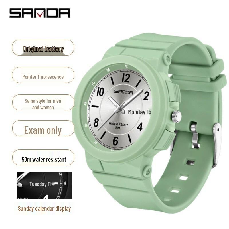 Sanda Unisex Silent Quartz Luminous Wristwatch, 50M Waterproof, Double Calendar, Student Exam Special