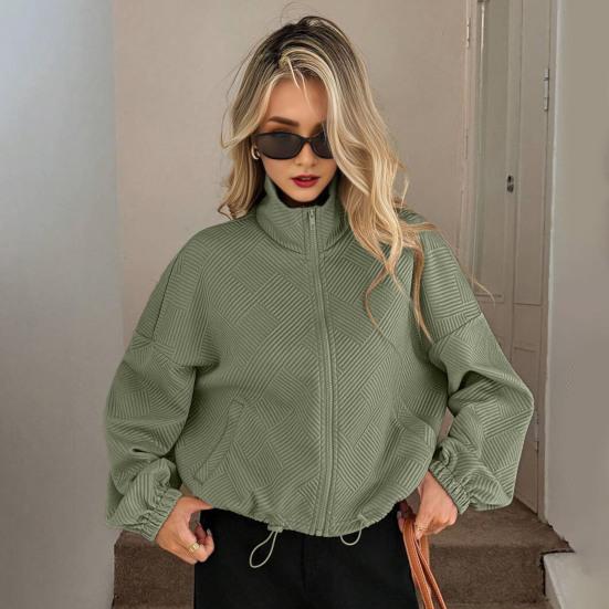 Women's Full Zip Short Jacket Casual Long Sleeve Stand Collar Crop Coat Drawstring Hem Fall Sweatshirt with Pockets