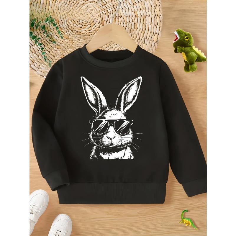 Kids Crewneck Sweatshirt, Long Sleeve Spring Fall Tops, Fashion Glasses Rabbit Graphic Print