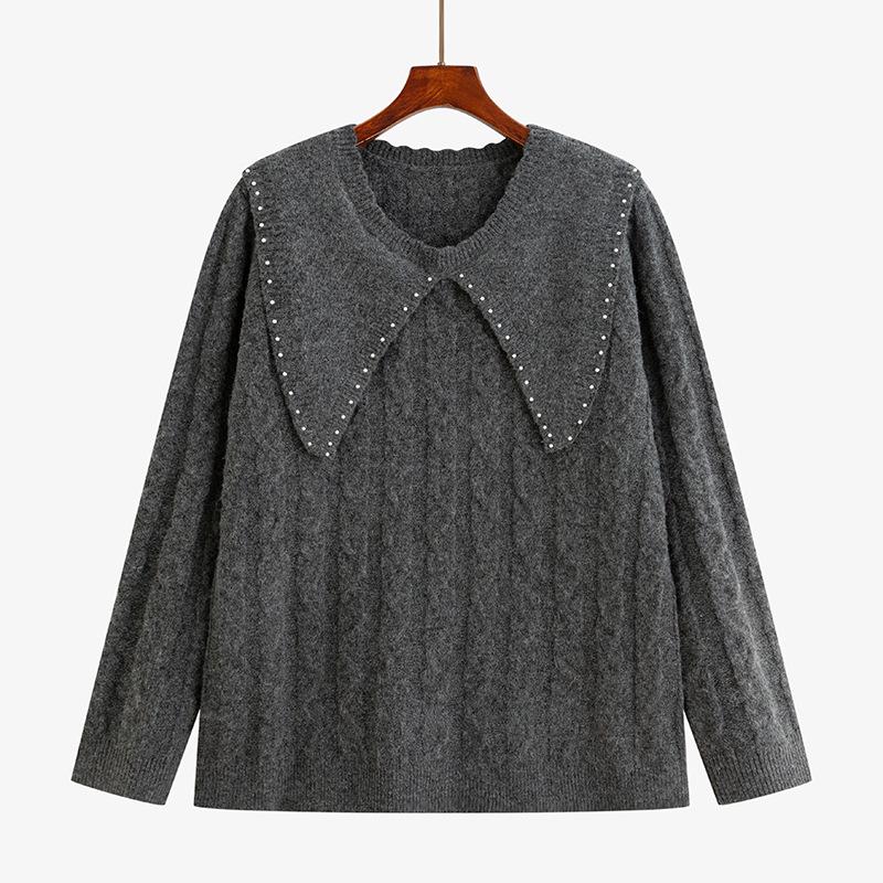 

2025 Winter Women s Plus Size Beaded Doll Collar Textured Knit Sweater 2XL (80-100kg) серый