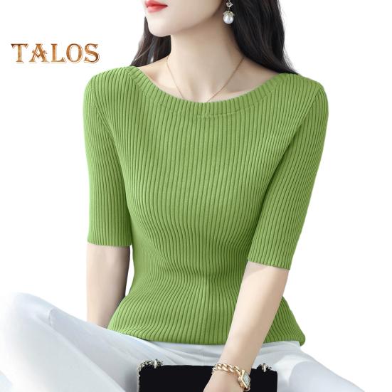 Women Tops Slim Fit Solid Color Ribbed T-Shirt Round Neck Half Sleeve Elastic Pullover Tops Daily Wear