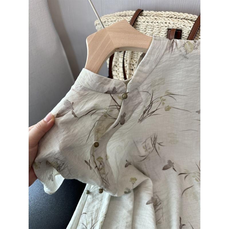 2025 super good-looking year fashion retro printing short shirt women's button-up top