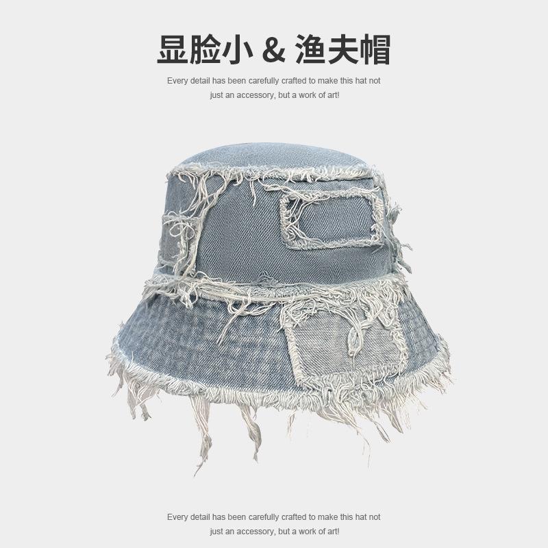 Niche design denim bucket hat spring and autumn versatile edging splicing sun hat showing face small sun protection hat