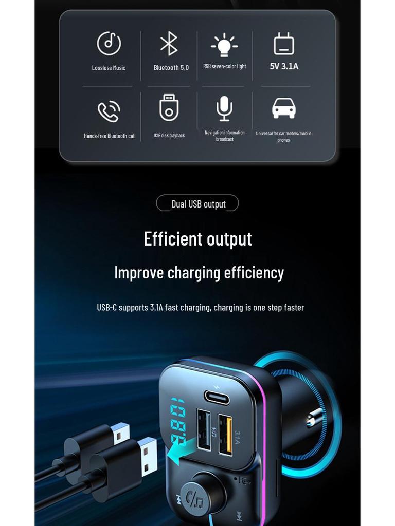 Multifunctional Bluetooth FM Transmitter & Fast Car Charger with Colorful Lights