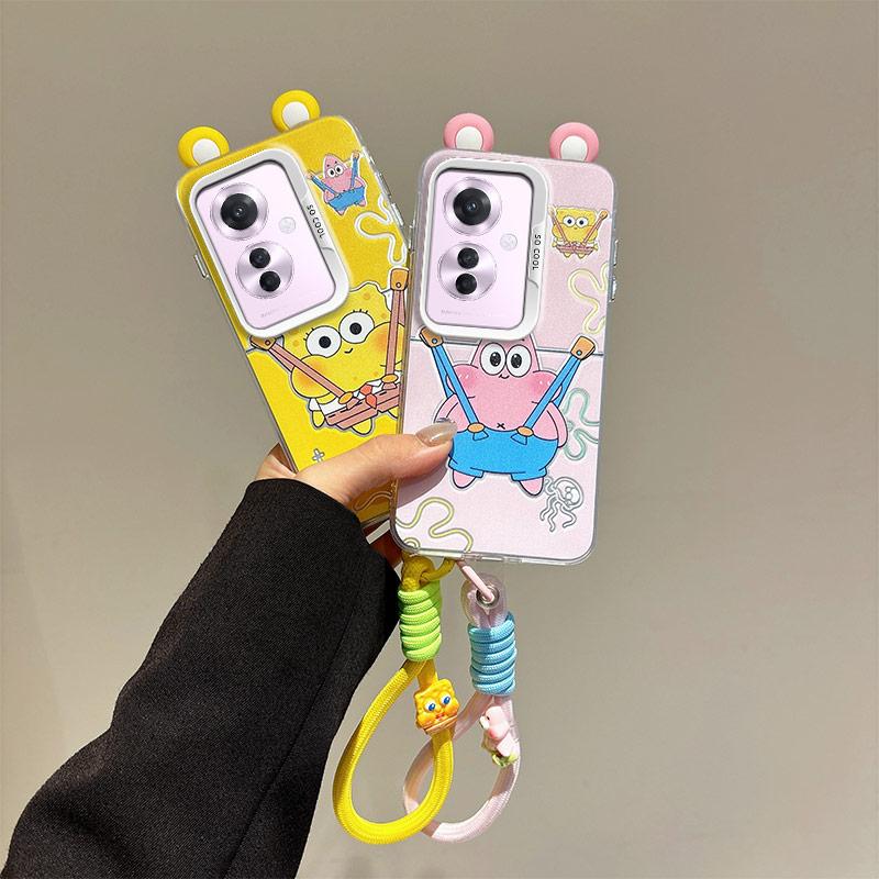 KEYSION Cute Ear Cartoon Case for OPPO Reno11 F 5G with Lanyard Soft Silicone+PC Shockproof Phone Back Cover for OPPO Reno 11F 5G