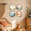 Nature Art Prints for Home Wall Nordic Wooden Sign, Round Botanical Landscape Hanging Decor Living Unique Housewarming Gifts Friends Room Bedroom,