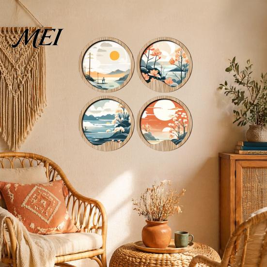 Nature Art Prints for Home Wall Nordic Wooden Sign, Round Botanical Landscape Hanging Decor Living Unique Housewarming Gifts Friends Room Bedroom,