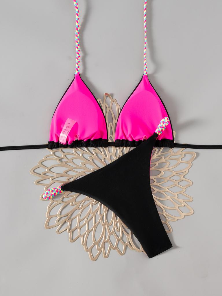 Kontrastní barva ramínka Jednobarevné tanga Sexy bikiny Dvoudílné plavky pro ženy