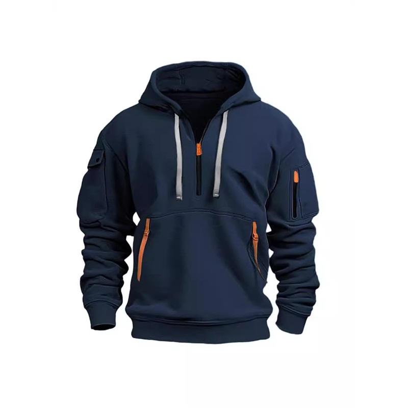 Men's Half Zip Hoodie Casual Contrast Color Pocket Pullover Sweatshirt
