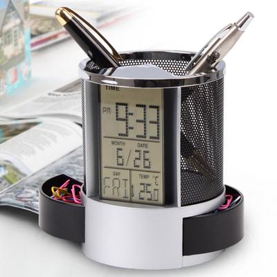 Multifunction Electronic Clock Perpetual Calendar Pen Holder Desk Office Organizer