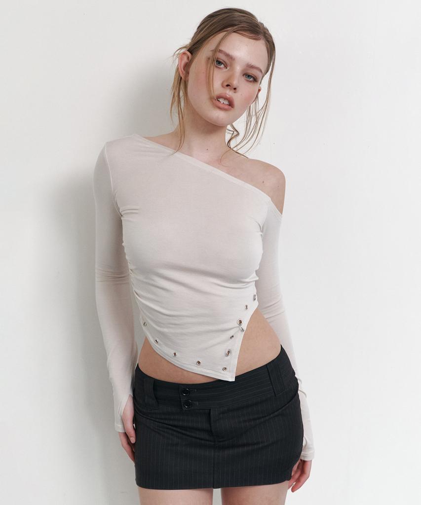 Peullijeunopallou Remy Unbal Shirring Long Sleeve Top (Beige)
