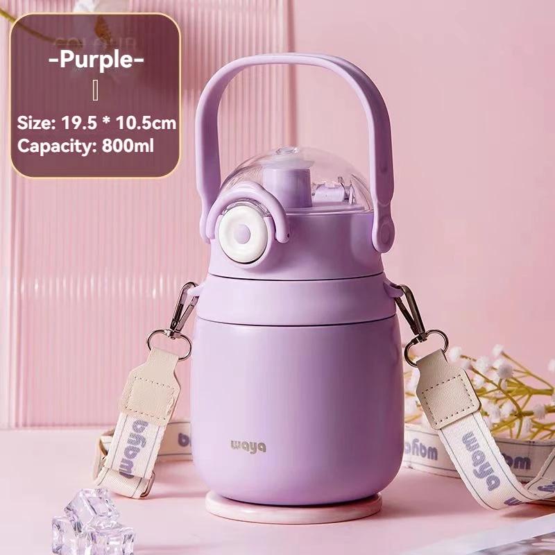 0.8L Cup Water Bottle with Straw Large Vaccum Flasks Stainless Steel Vacuum Cup with Strap LeakProof Portable Thermos for School