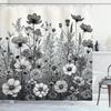 Black And White Shower Curtain, Vintage Style Meadow Prairie Scene With Wild Flowers Print, Cloth Fabric Bathroom Deco