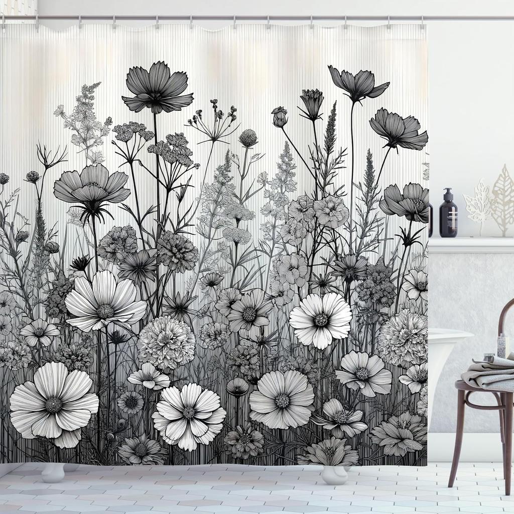 Black And White Shower Curtain, Vintage Style Meadow Prairie Scene With Wild Flowers Print, Cloth Fabric Bathroom Deco