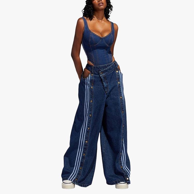 Adidas Originals X Ivy Park Collaboration Three Leaves Button Closure Split Hem Wide Leg Jeans Women Jeans Blue H61716