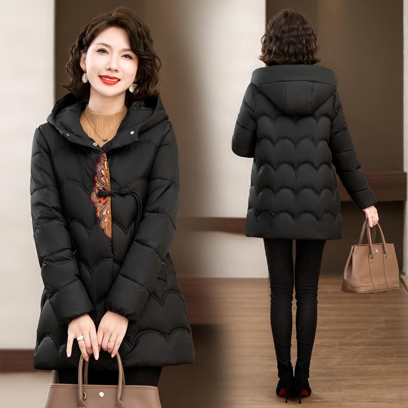 Winter Middle-aged Women's Hooded  Jacket, Warm and Thickened Down Cotton Loose Coat