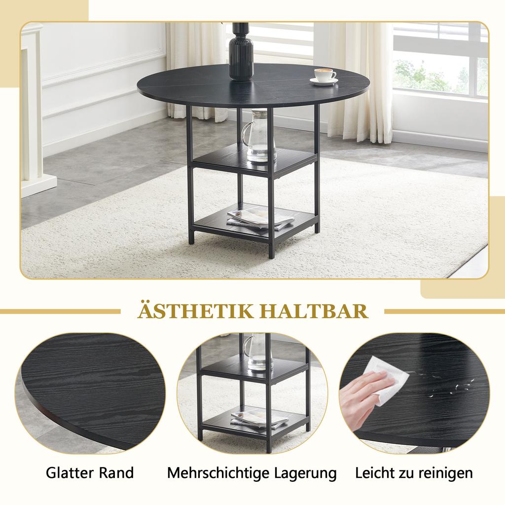 Round Dining Table with 107 cm Diameter and Double Storage Level, Black MDF Top + Metal Frame, Suitable for 2-4 People, For European Family Meals