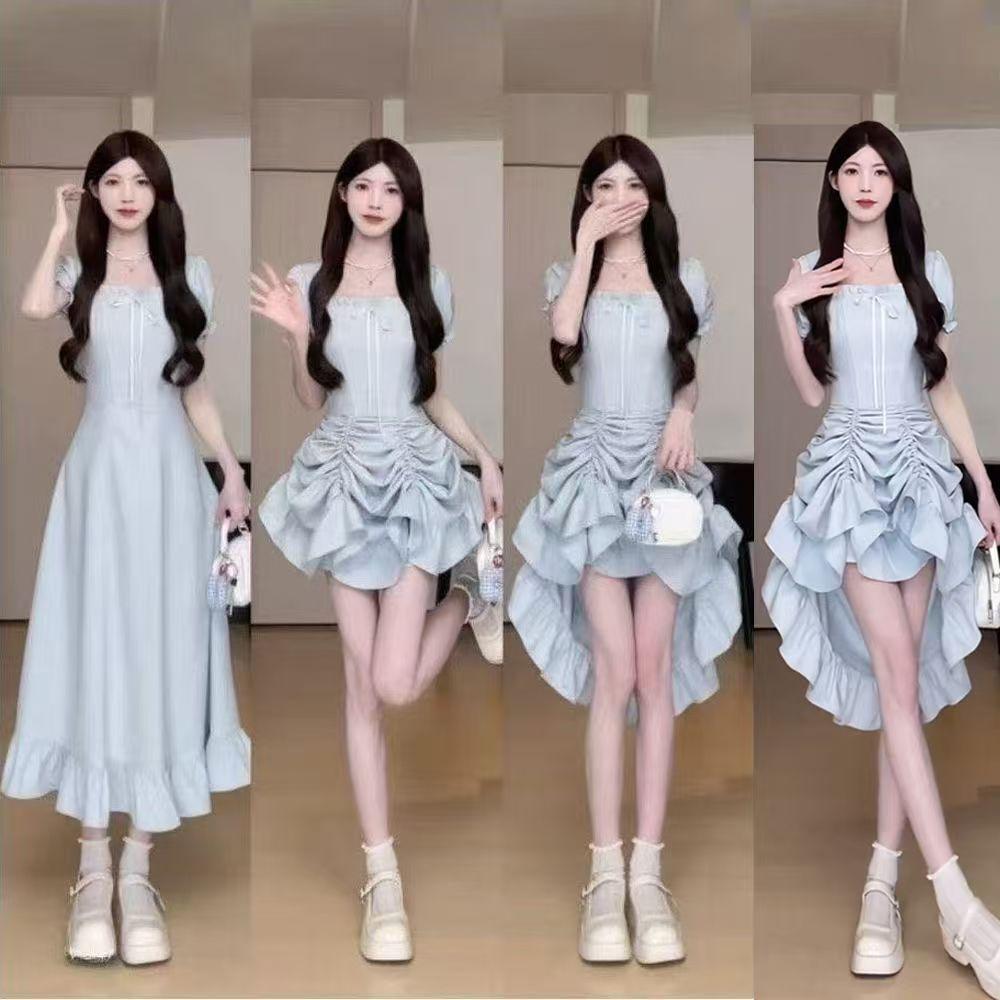 

Popular summer temperament fashion high sense suspender gentle wind dress skirt women French M синий