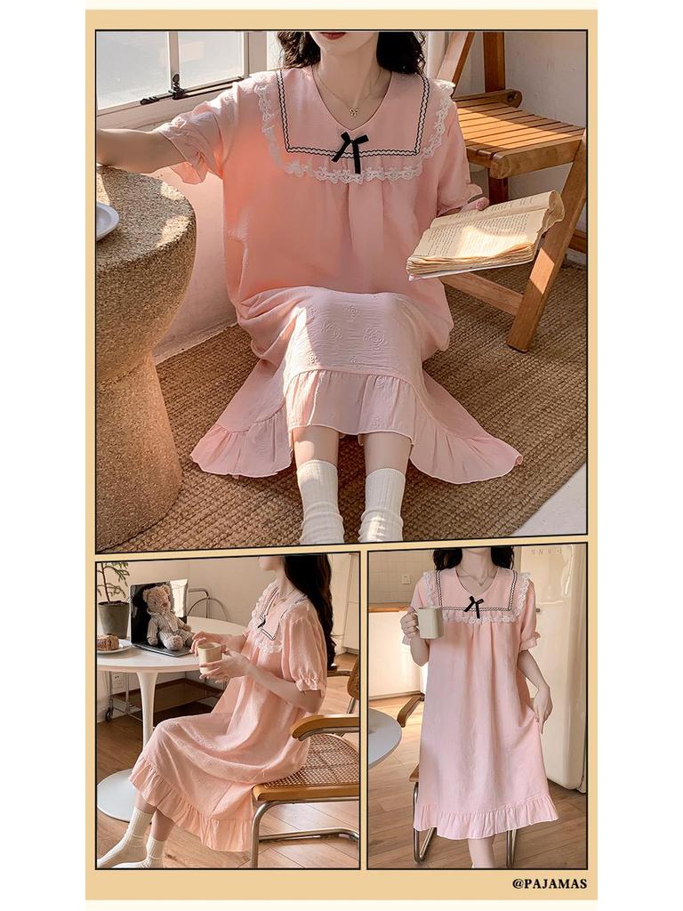 2026 Summer Women's Woven Cotton Nightgown with Bra Pads - Princess Style Short-Sleeve Long Dress