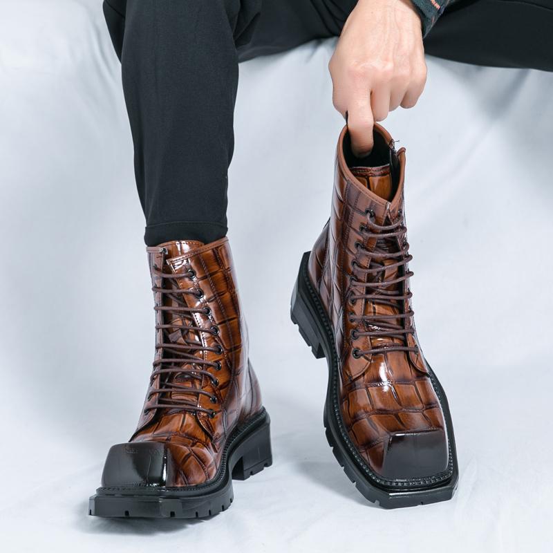 Business Men Chelsea Leather Boots Dark Brown Lace-up Comfortable Thick-soled Anti-slip High-top Brand Boots Work Boots Men