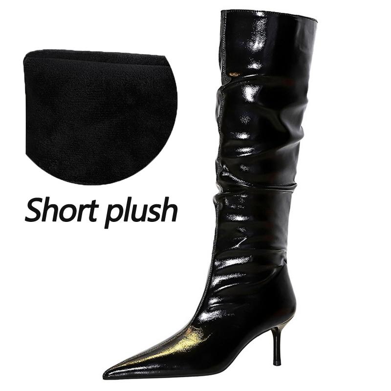 

Модные осенне-зимние сапоги до колена Женские сапоги из лакированной кожи Женские сапоги На шпильке 5,5 см Женские сапоги с мятым голенищем Длинные сапоги Новые 34