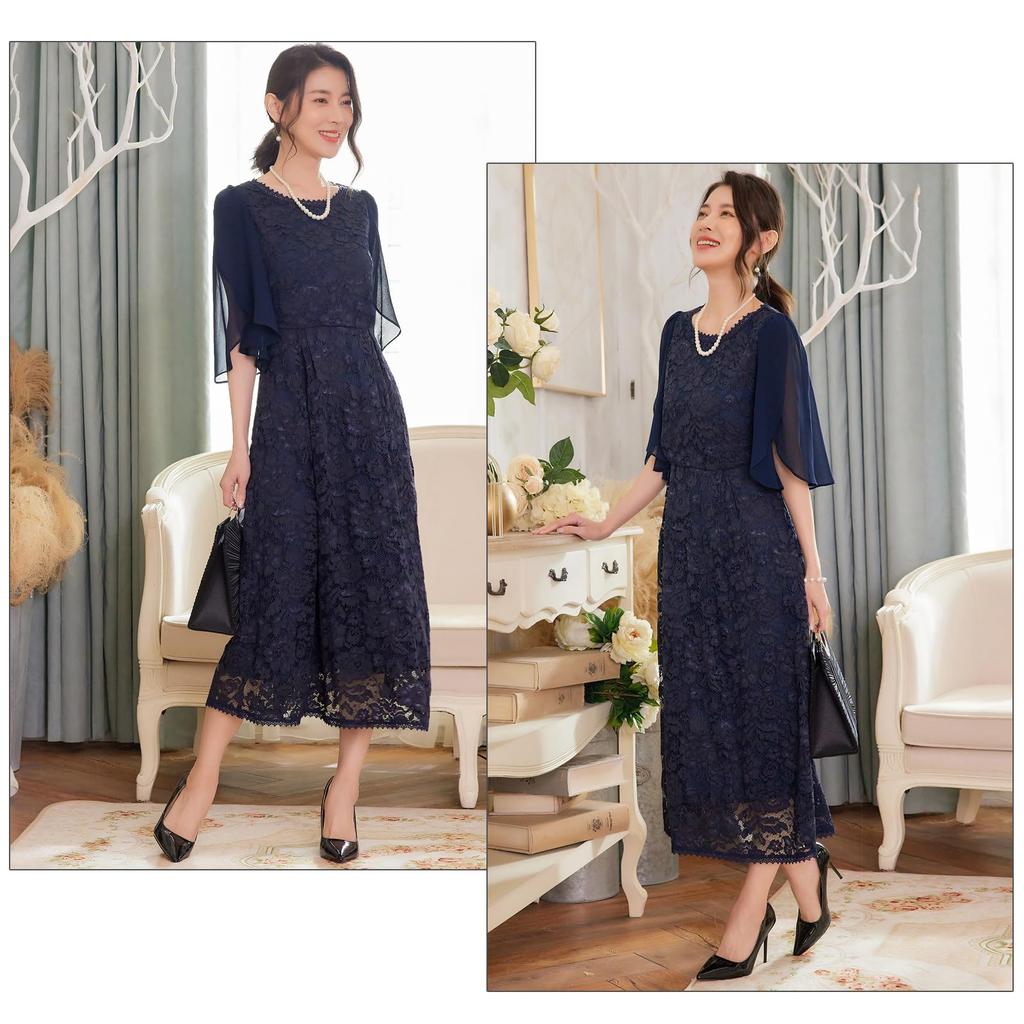 DEEPEYES Lace Formal Short Party Perfect for and Special Plus Size Midi-Length Dress, Sleeves, Dress, Weddings, Receptions, Occasions, (L, Navy)