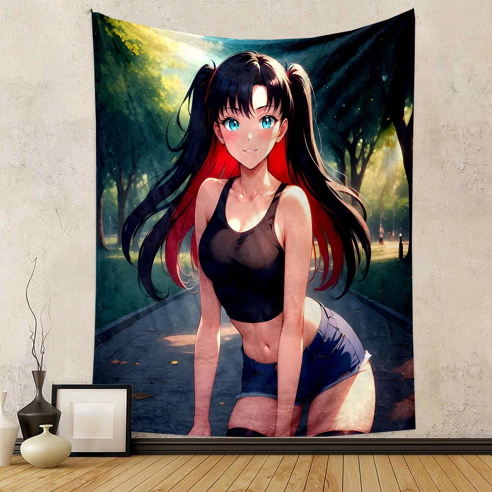 "Anime Girl with Black and Red Hair" Patterned Tapestry Decorative Wall Hanging, Home Bedroom Living Room Decor