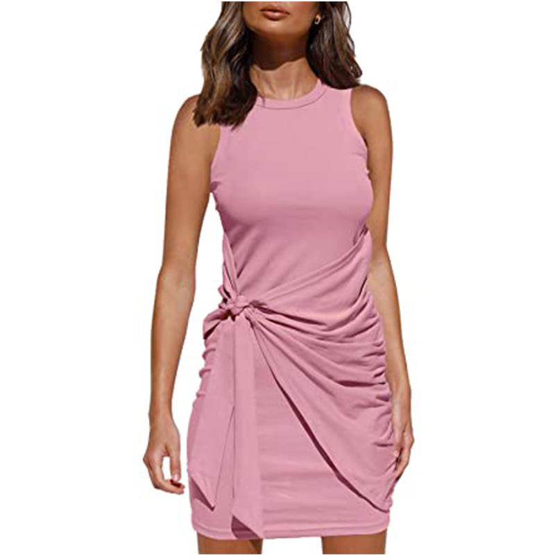 Sleeveless Round Neck Pleated Bow Belt Irregular Dress (9666#2021) – European Best Seller Large розовый
