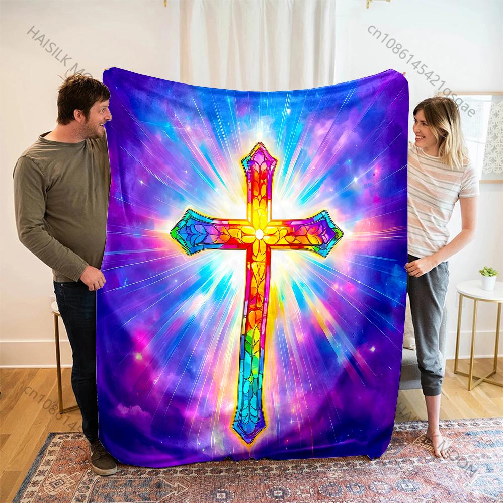 1PC Stained Glass Cross Glow Print Believer Pray blanket Warm soft flannel material suitable for all seasons luxurious gift