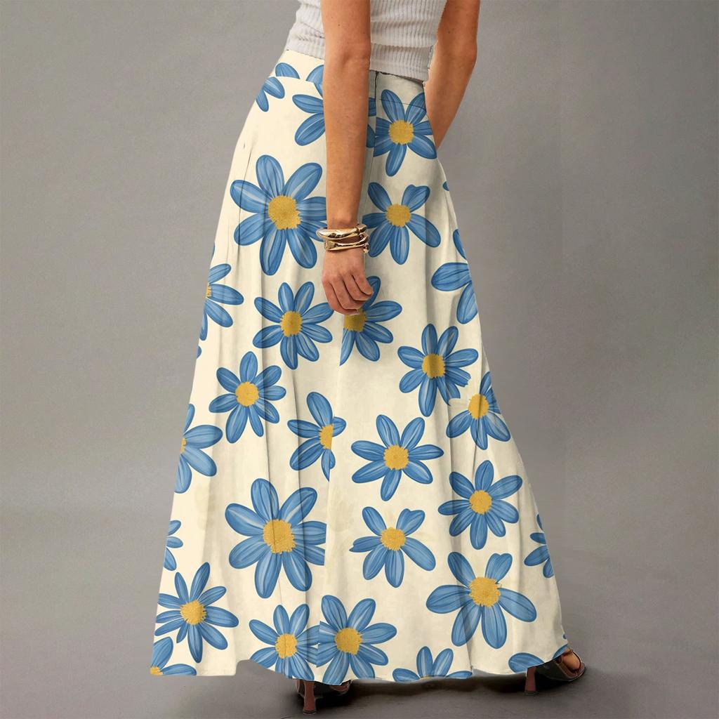 Damen Lässig Freizeit Faltbar Blumenmuster Hohe Taille Mit Tasche Drapierter Entspannter Langer Maxi-Rock