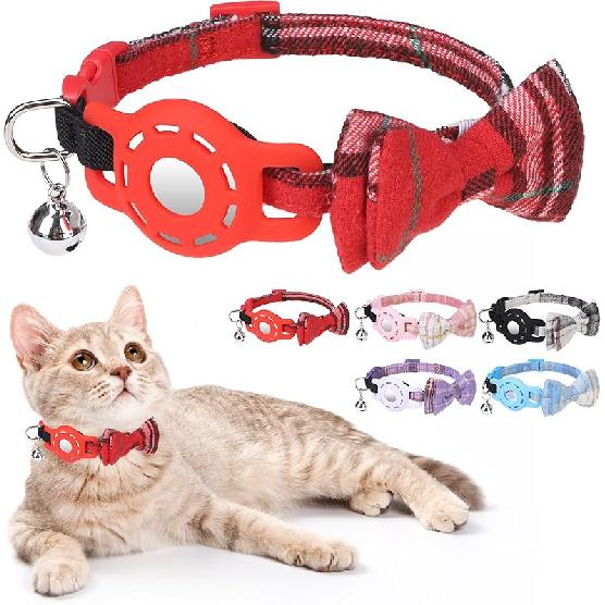 Airtag Cat Collar with Bells and Bowtie -Safety Elastic Band Kitten Collar for Apple Air Tag Holder- Cute GPS Cat Tracker Collars for Girl Boy Cats