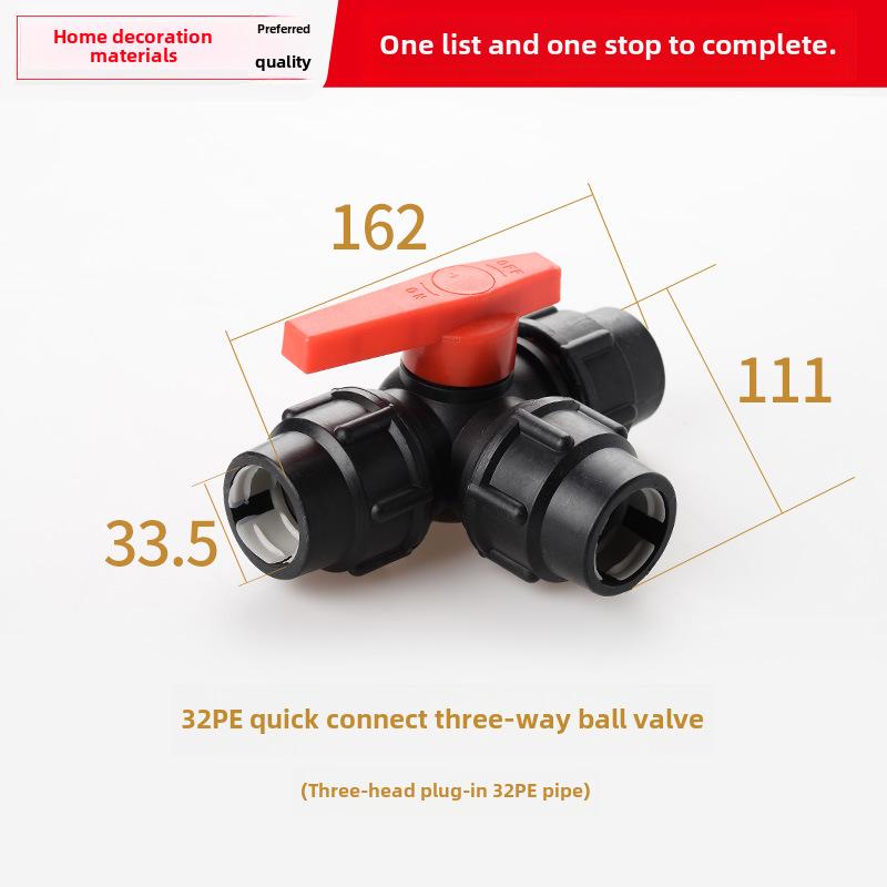 PE Kulventil Snabbkoppling Trefördelningsrörkoppling för Kranvatten, Kompatibel med 20, 25 och 32 Rör.