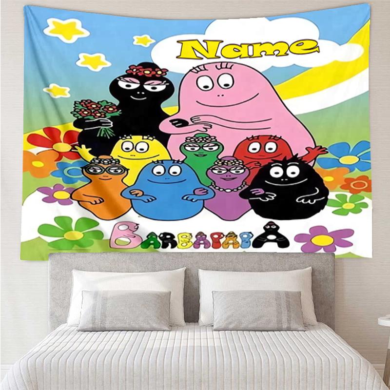 Custom Name Barbapapa Print Tapestry, Backdrop, Easy Setup, Ideal for Bedroom, Office & Living Room, with Aesthetic Wall Hanging Decor.