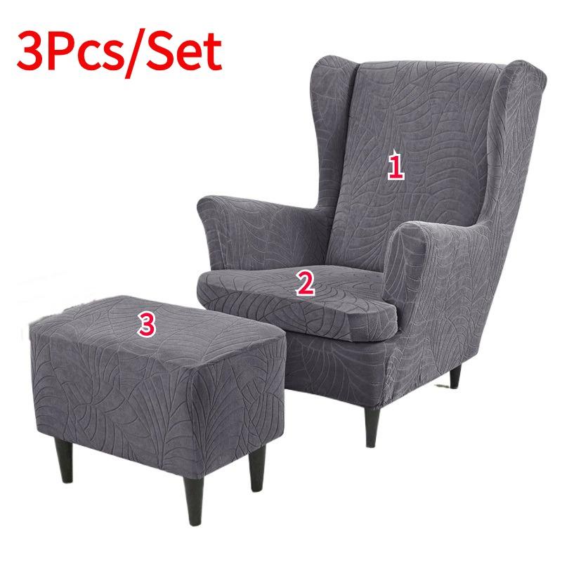 3pcs/set Solid Color Elastic Wing Chair Covers Water Repellent Stretch Wingback Chairs Protector Covers with Ottoman Cover