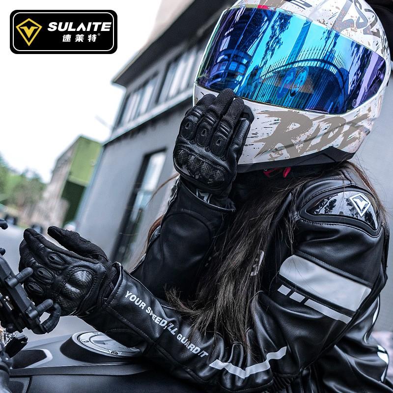 SULAITE Motorcycle Gloves Women Full Finger Carbon Fiber Shell Breathable Touchscreen Goat Leather Riding Gear