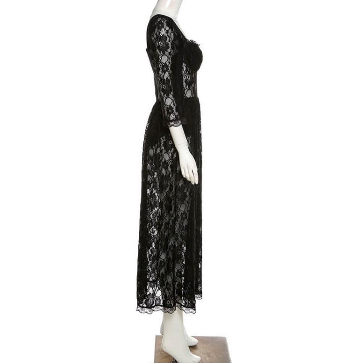 Sexy Backless Long Split Lace Dress for Women Square Collar Three Quarter Sleeve Summer Solid Dress